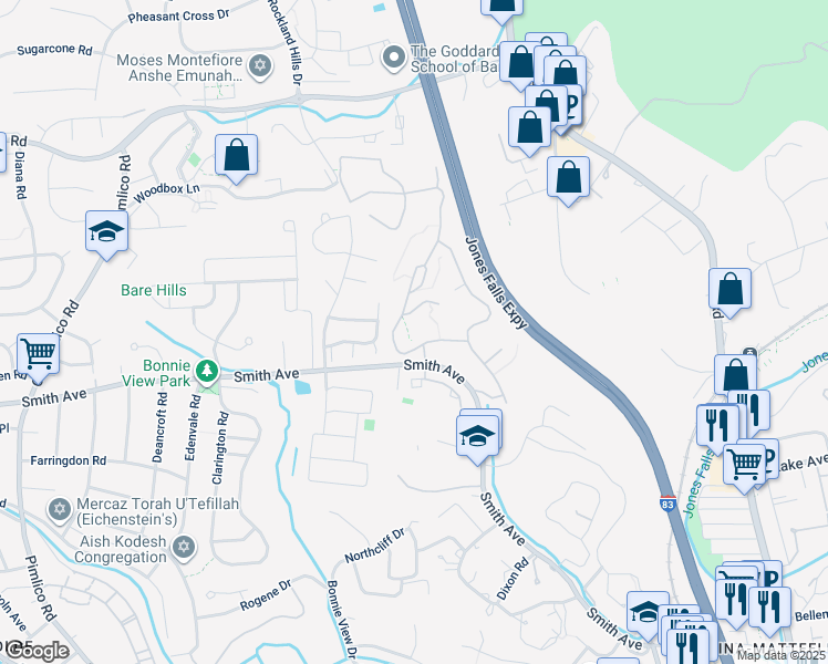 map of restaurants, bars, coffee shops, grocery stores, and more near 6617 Bonnie Ridge Drive in Baltimore