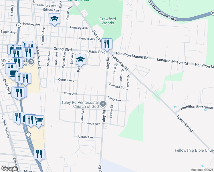 map of restaurants, bars, coffee shops, grocery stores, and more near 1493 Exeter Street in Hamilton