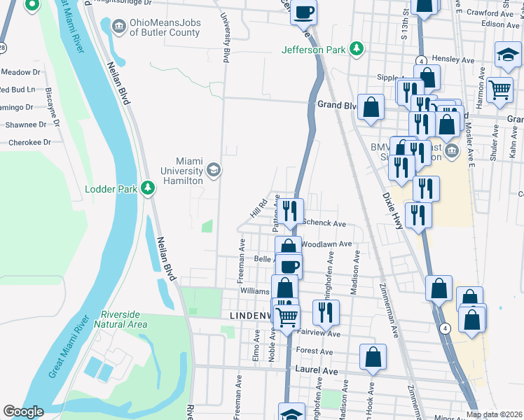 map of restaurants, bars, coffee shops, grocery stores, and more near 406 Fallert Avenue in Hamilton