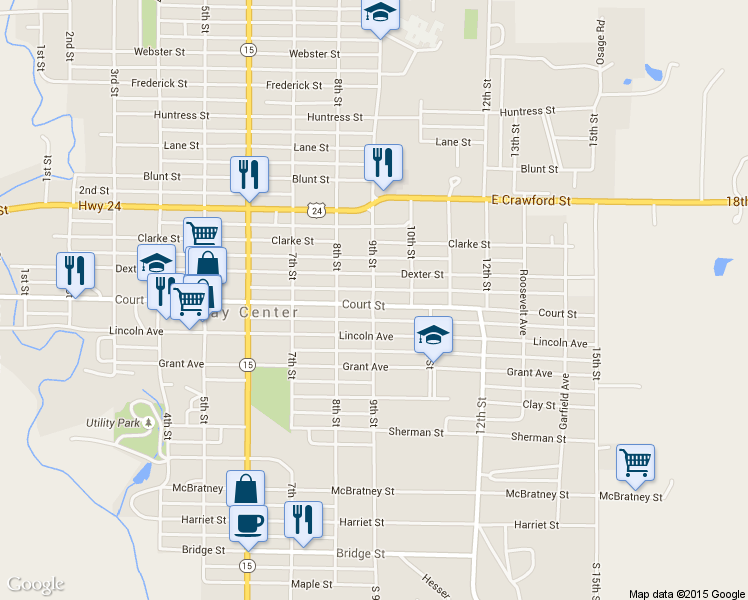 map of restaurants, bars, coffee shops, grocery stores, and more near 816 9th Street in Clay Center