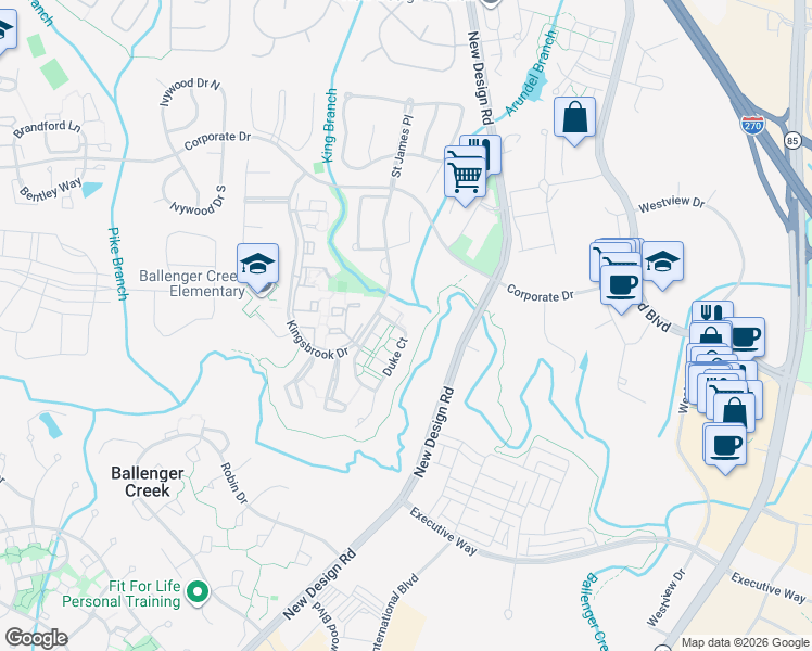 map of restaurants, bars, coffee shops, grocery stores, and more near 5180 Duke Court in Frederick