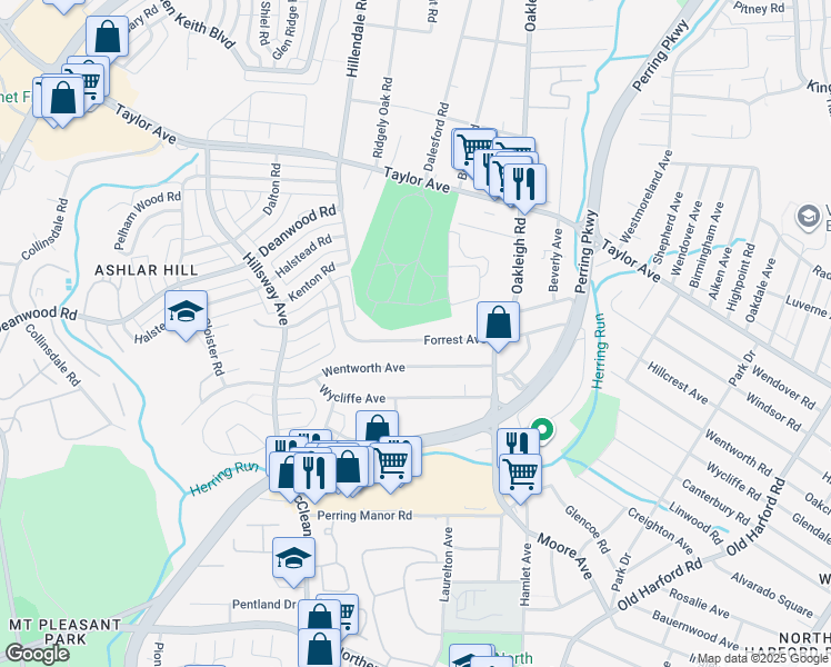 map of restaurants, bars, coffee shops, grocery stores, and more near 1728 Forrest Avenue in Parkville