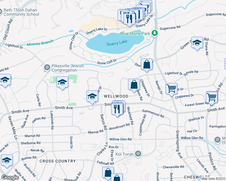 map of restaurants, bars, coffee shops, grocery stores, and more near 6711 Laurelwood Drive in Baltimore