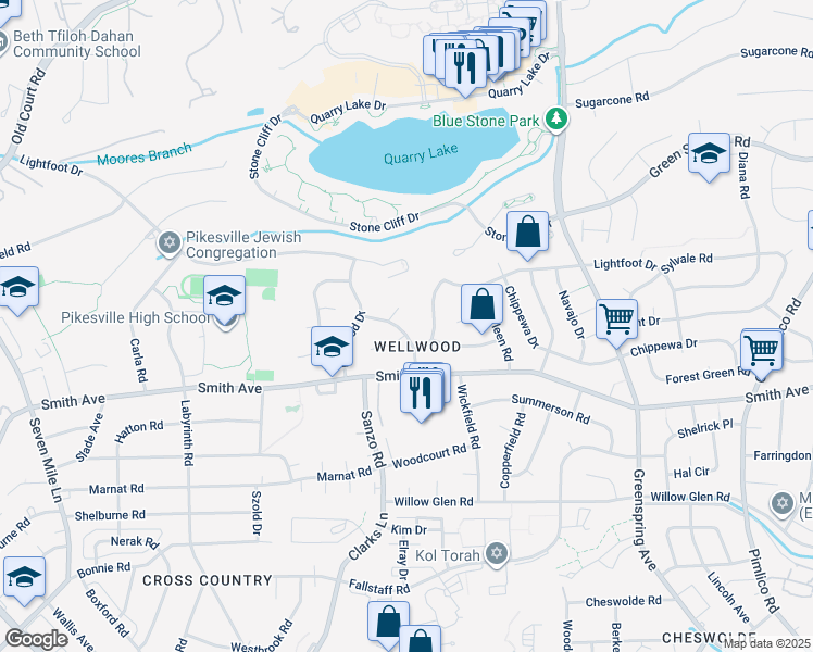 map of restaurants, bars, coffee shops, grocery stores, and more near 6711 Laurelwood Drive in Baltimore