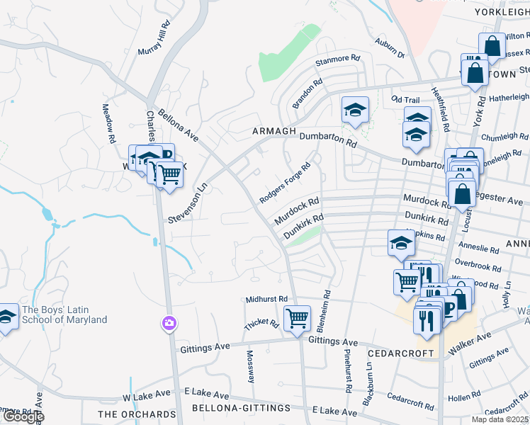 map of restaurants, bars, coffee shops, grocery stores, and more near 6809 Bellona Avenue in Baltimore