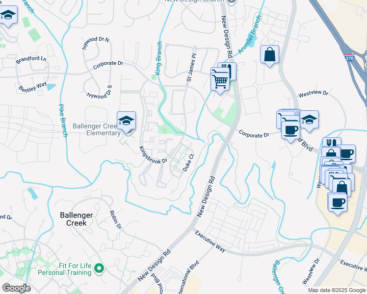 map of restaurants, bars, coffee shops, grocery stores, and more near 5221 Regal Court in Frederick