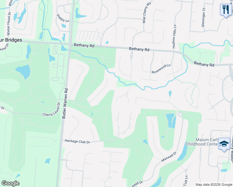 map of restaurants, bars, coffee shops, grocery stores, and more near 6699 Ross Lane in Mason