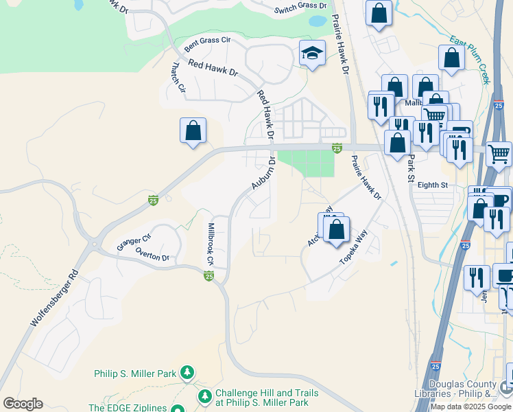 map of restaurants, bars, coffee shops, grocery stores, and more near 1080 Highland Bluff Drive in Castle Rock