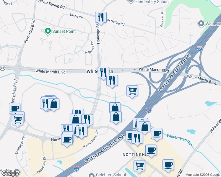 map of restaurants, bars, coffee shops, grocery stores, and more near 8475 Cordon Way in Nottingham