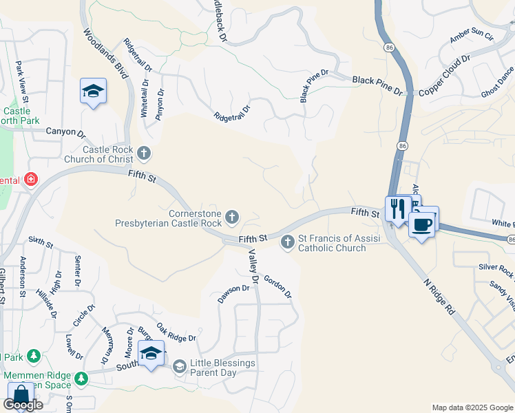 map of restaurants, bars, coffee shops, grocery stores, and more near 2613 Fifth Street in Castle Rock