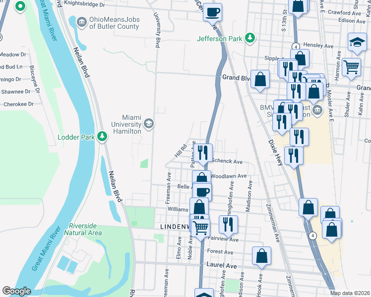 map of restaurants, bars, coffee shops, grocery stores, and more near 406 Fallert Avenue in Hamilton