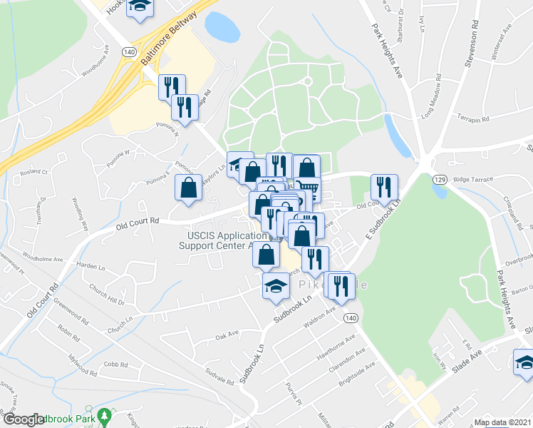 map of restaurants, bars, coffee shops, grocery stores, and more near 1508 Reisterstown Road in Pikesville