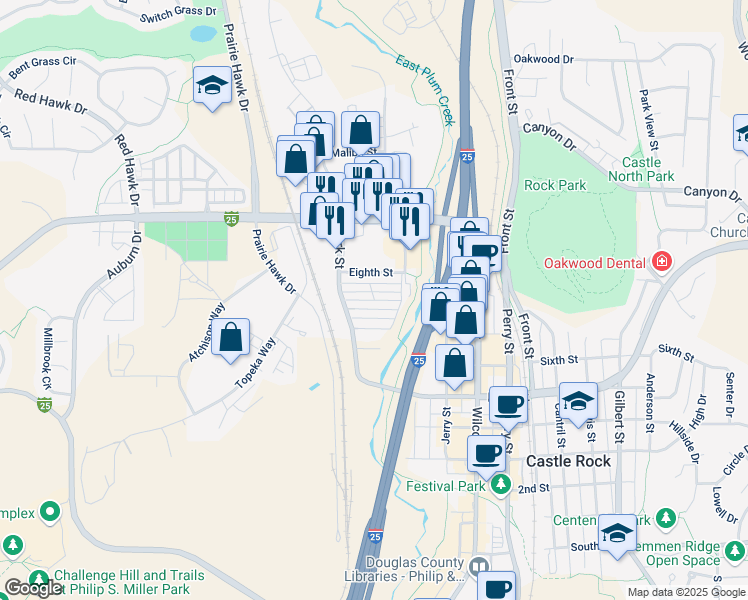 map of restaurants, bars, coffee shops, grocery stores, and more near 20 Danny Street in Castle Rock