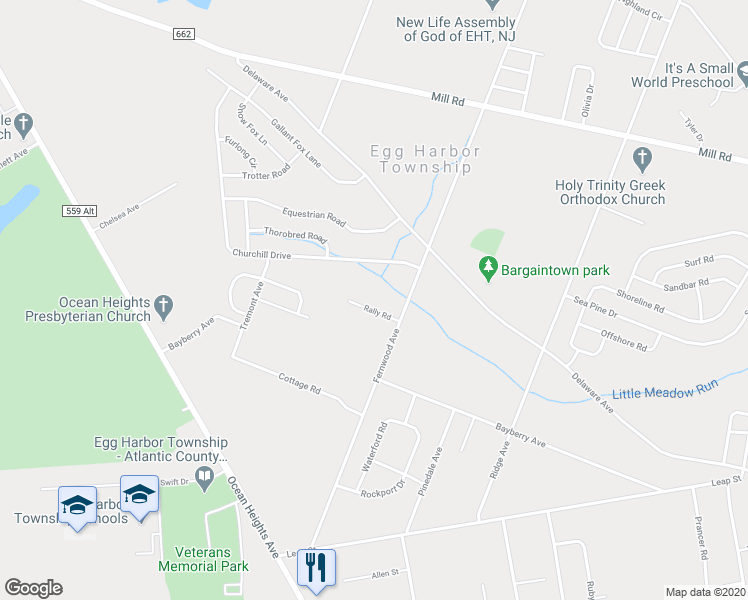 map of restaurants, bars, coffee shops, grocery stores, and more near 7 Rally Road in Egg Harbor Township