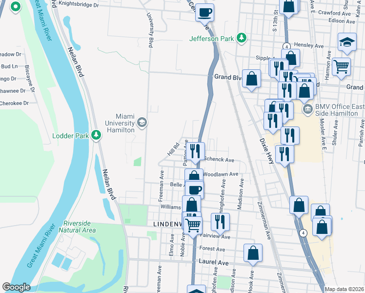 map of restaurants, bars, coffee shops, grocery stores, and more near 1900 Patton Avenue in Hamilton