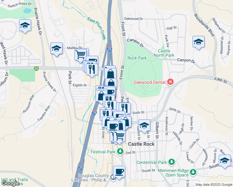 map of restaurants, bars, coffee shops, grocery stores, and more near 740 Wilcox Street in Castle Rock