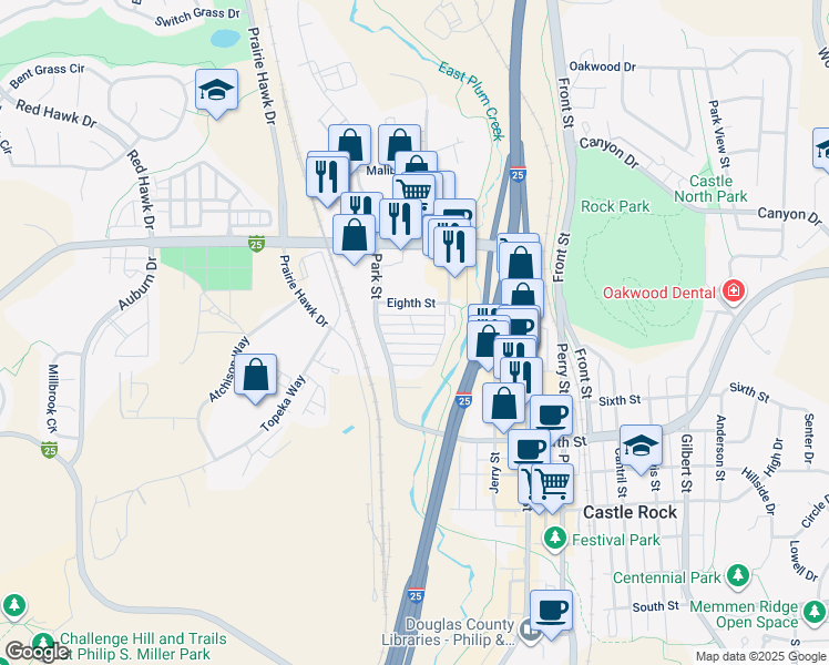 map of restaurants, bars, coffee shops, grocery stores, and more near 20 Danny Street in Castle Rock