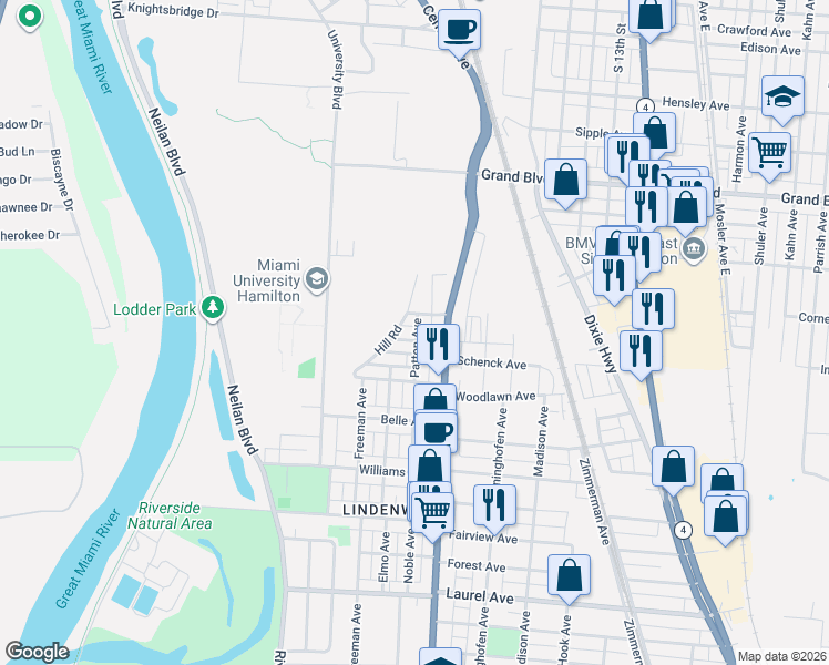 map of restaurants, bars, coffee shops, grocery stores, and more near 1900 Patton Avenue in Hamilton