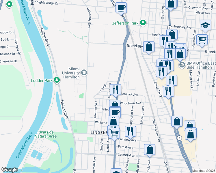 map of restaurants, bars, coffee shops, grocery stores, and more near 1900 Patton Avenue in Hamilton