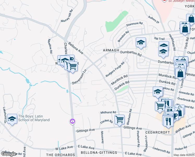 map of restaurants, bars, coffee shops, grocery stores, and more near 142 Villabrook Way in Baltimore