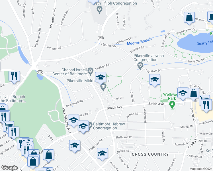 map of restaurants, bars, coffee shops, grocery stores, and more near in Pikesville