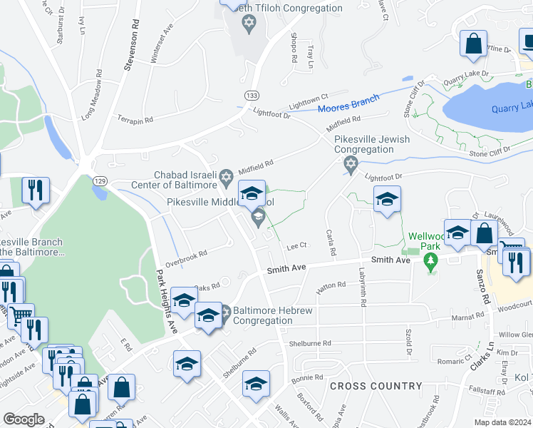 map of restaurants, bars, coffee shops, grocery stores, and more near 825 Milford Mill Road in Pikesville