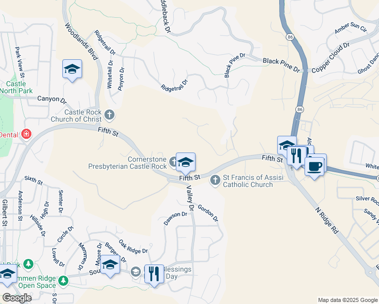map of restaurants, bars, coffee shops, grocery stores, and more near 2613 Fifth Street in Castle Rock