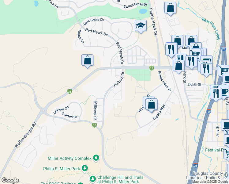 map of restaurants, bars, coffee shops, grocery stores, and more near 1040 Highland Vista Avenue in Castle Rock