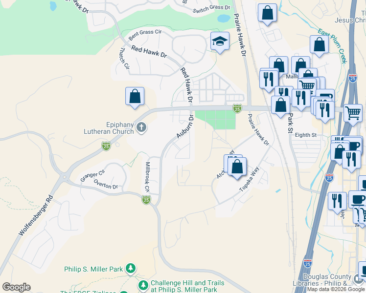 map of restaurants, bars, coffee shops, grocery stores, and more near 1080 Highland Bluff Drive in Castle Rock