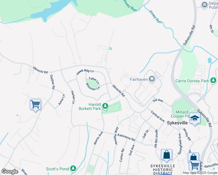map of restaurants, bars, coffee shops, grocery stores, and more near 492 Hawkridge Lane in Sykesville