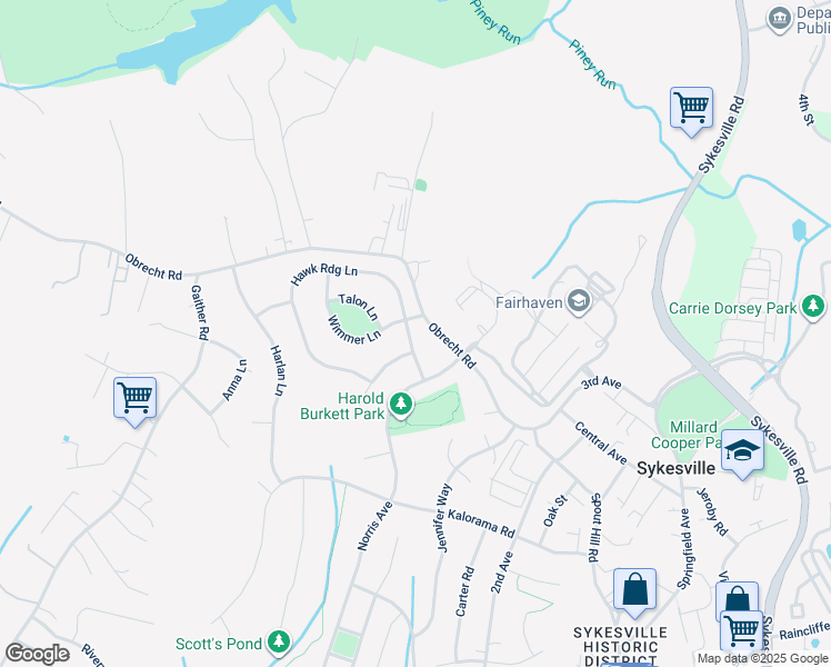map of restaurants, bars, coffee shops, grocery stores, and more near 492 Hawkridge Lane in Sykesville