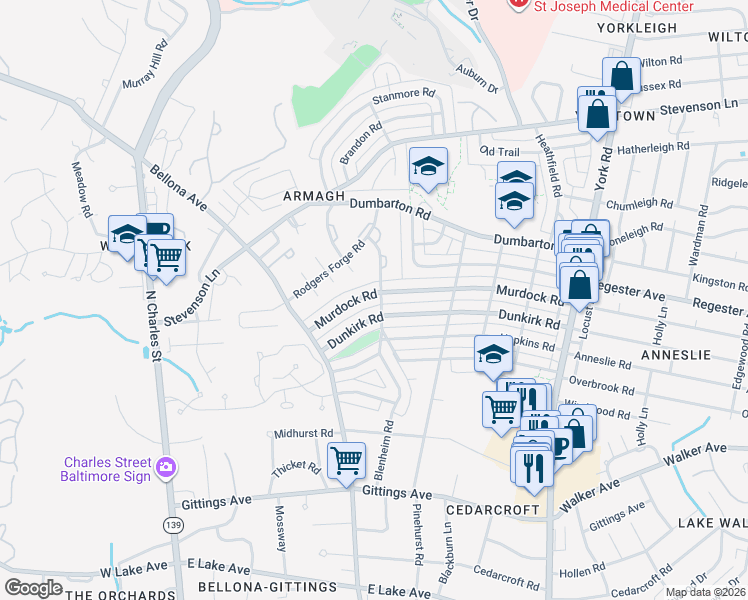 map of restaurants, bars, coffee shops, grocery stores, and more near 67 Murdock Road in Baltimore