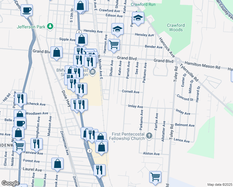 map of restaurants, bars, coffee shops, grocery stores, and more near 1808 Shuler Avenue in Hamilton