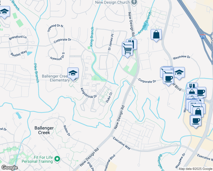 map of restaurants, bars, coffee shops, grocery stores, and more near 5211 Duke Court in Frederick