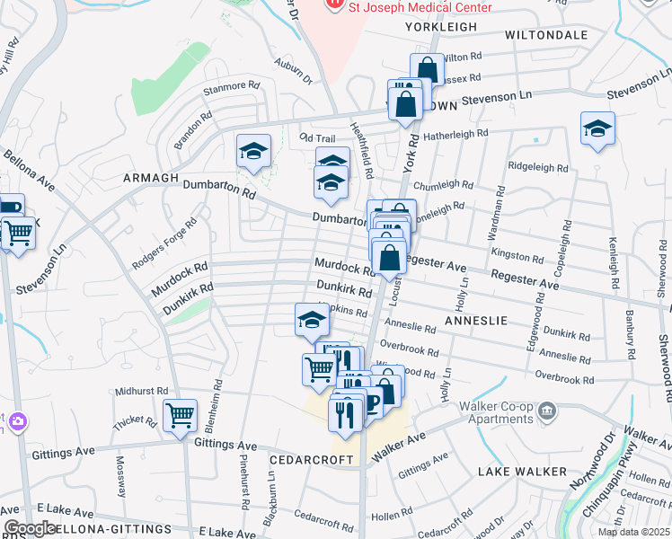 map of restaurants, bars, coffee shops, grocery stores, and more near 325 Murdock Road in Baltimore