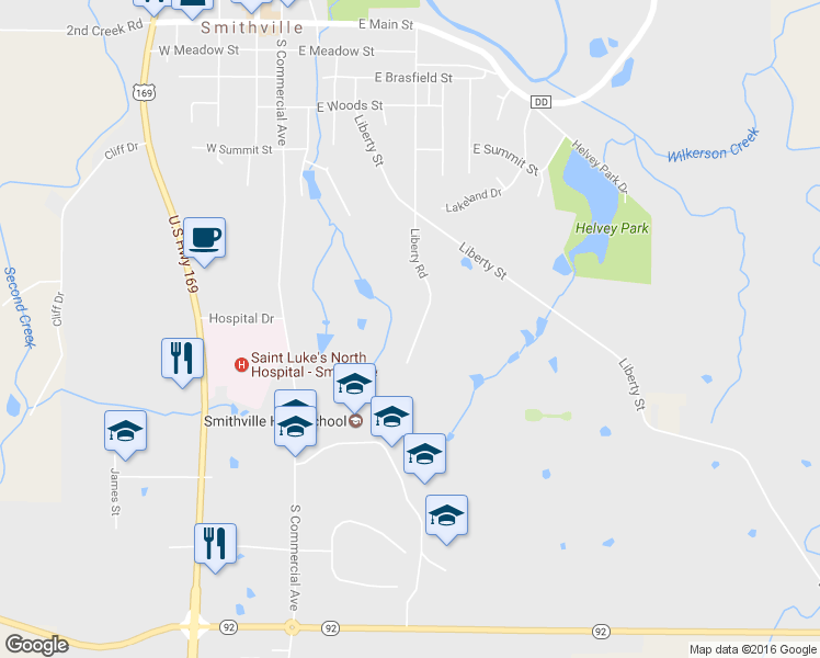 map of restaurants, bars, coffee shops, grocery stores, and more near 630 Liberty Road in Smithville