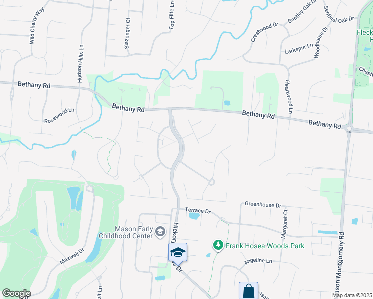 map of restaurants, bars, coffee shops, grocery stores, and more near 4180 Hickory Woods Drive in Mason