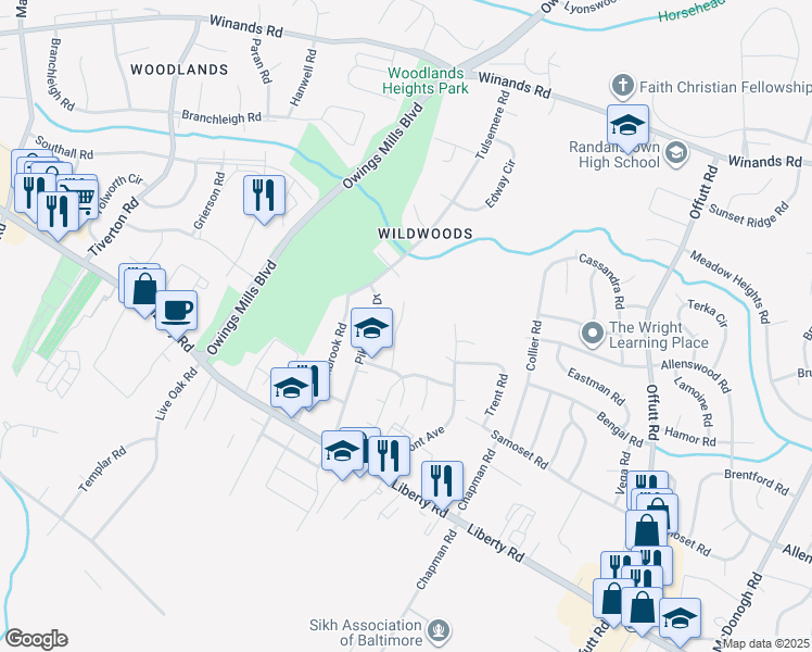 map of restaurants, bars, coffee shops, grocery stores, and more near 3815 Green Ash Court in Randallstown