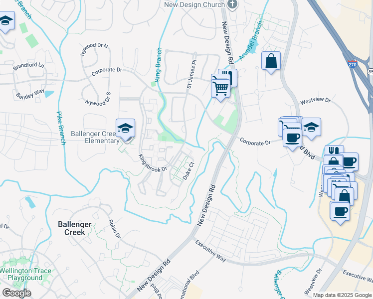 map of restaurants, bars, coffee shops, grocery stores, and more near 5208 Duke Court in Frederick