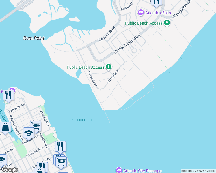 map of restaurants, bars, coffee shops, grocery stores, and more near 5212 Ocean Drive East in Brigantine