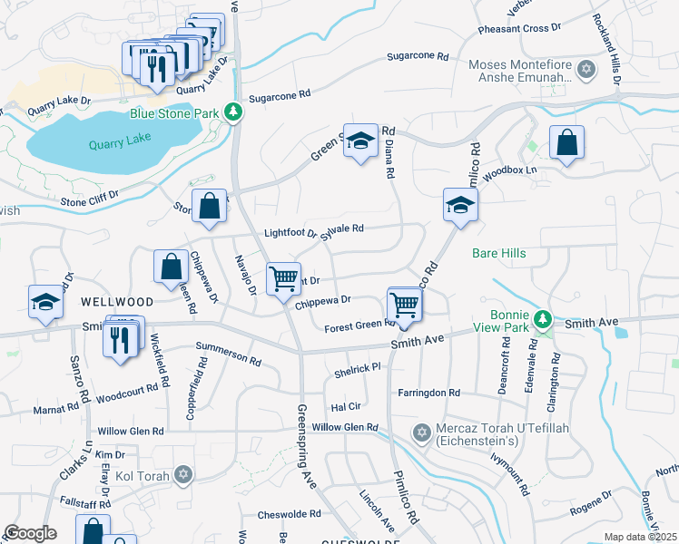 map of restaurants, bars, coffee shops, grocery stores, and more near 2400 Lightfoot Drive in Baltimore