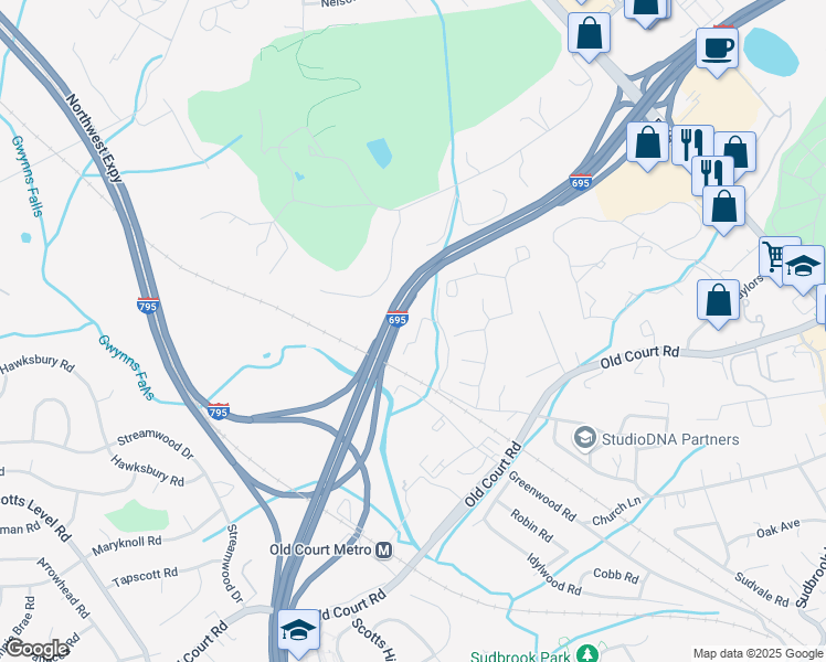 map of restaurants, bars, coffee shops, grocery stores, and more near 1700 Woodholme Avenue in Pikesville