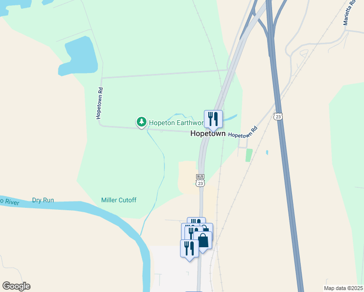 map of restaurants, bars, coffee shops, grocery stores, and more near 767 Hopetown Road in Chillicothe