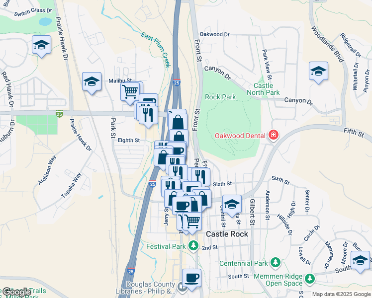 map of restaurants, bars, coffee shops, grocery stores, and more near 740 Wilcox Street in Castle Rock