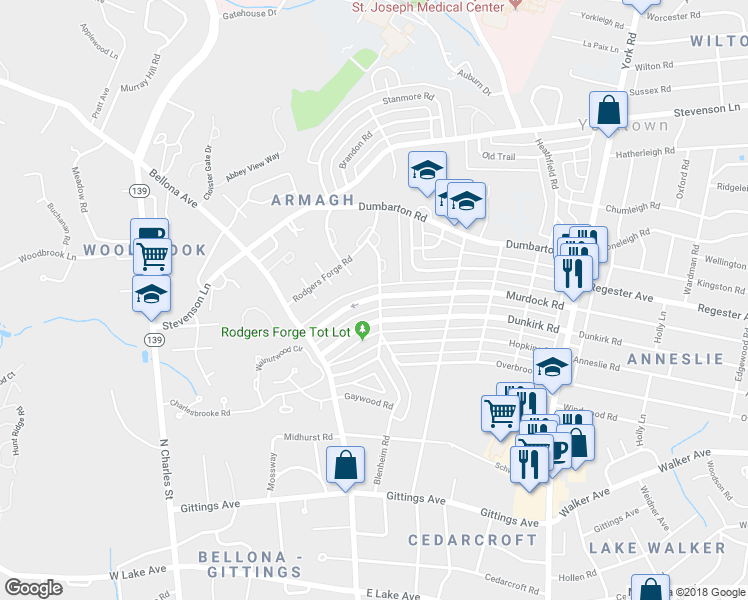 map of restaurants, bars, coffee shops, grocery stores, and more near 67 Murdock Road in Baltimore