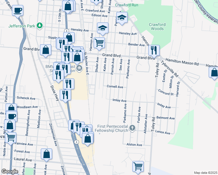map of restaurants, bars, coffee shops, grocery stores, and more near 1819 Parrish Avenue in Hamilton