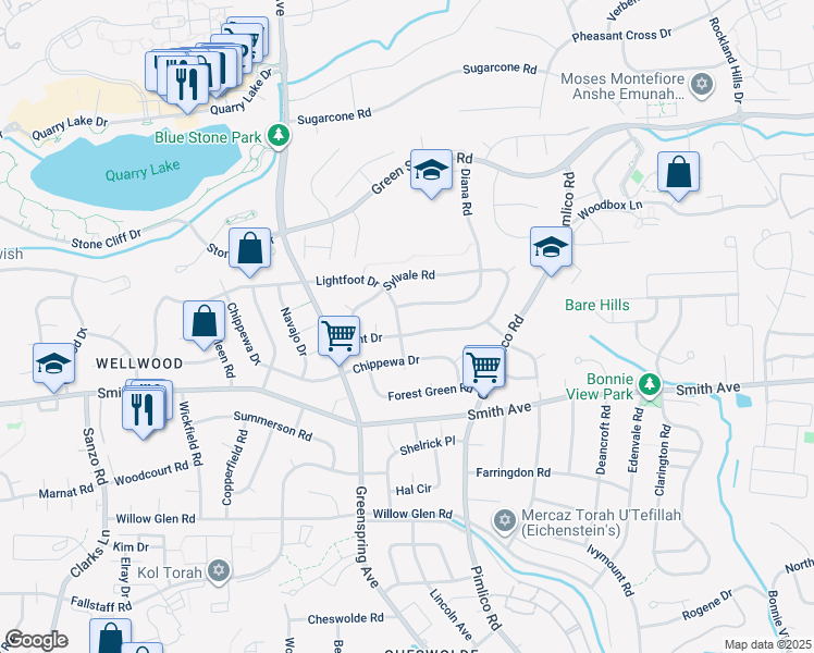 map of restaurants, bars, coffee shops, grocery stores, and more near 2400 Lightfoot Drive in Baltimore