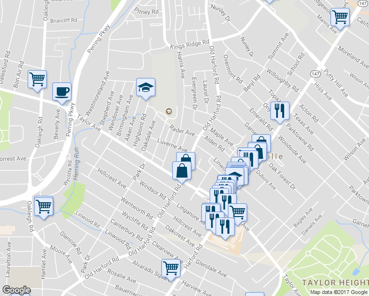 map of restaurants, bars, coffee shops, grocery stores, and more near 7901 Elmhurst Avenue in Parkville