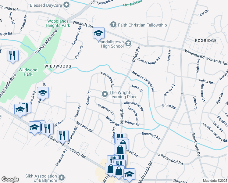map of restaurants, bars, coffee shops, grocery stores, and more near 3813 Cassandra Road in Randallstown