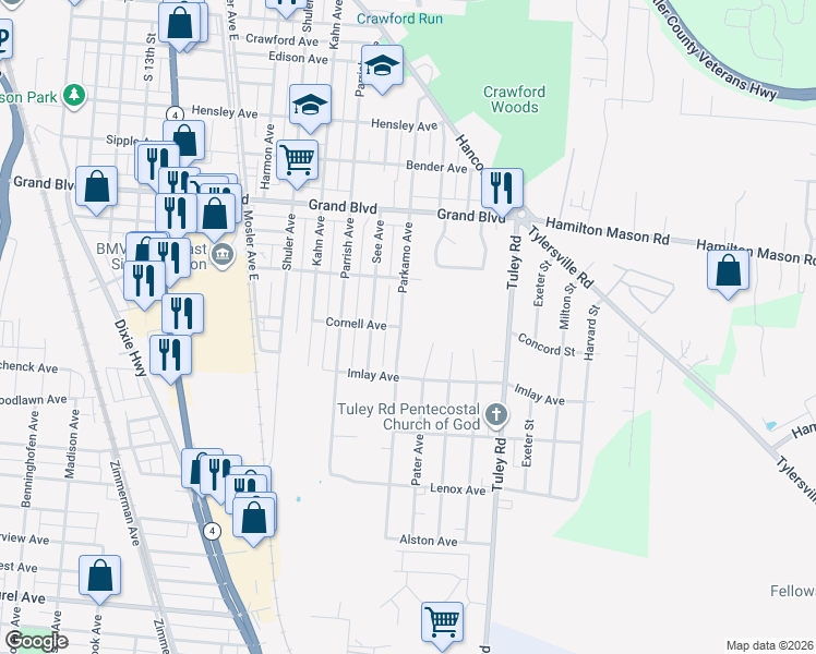 map of restaurants, bars, coffee shops, grocery stores, and more near 1744 Parkamo Avenue in Hamilton